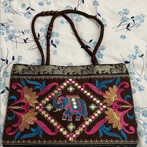 Colorful Brown Embroidered Shoulder Bag with Elephant Motif